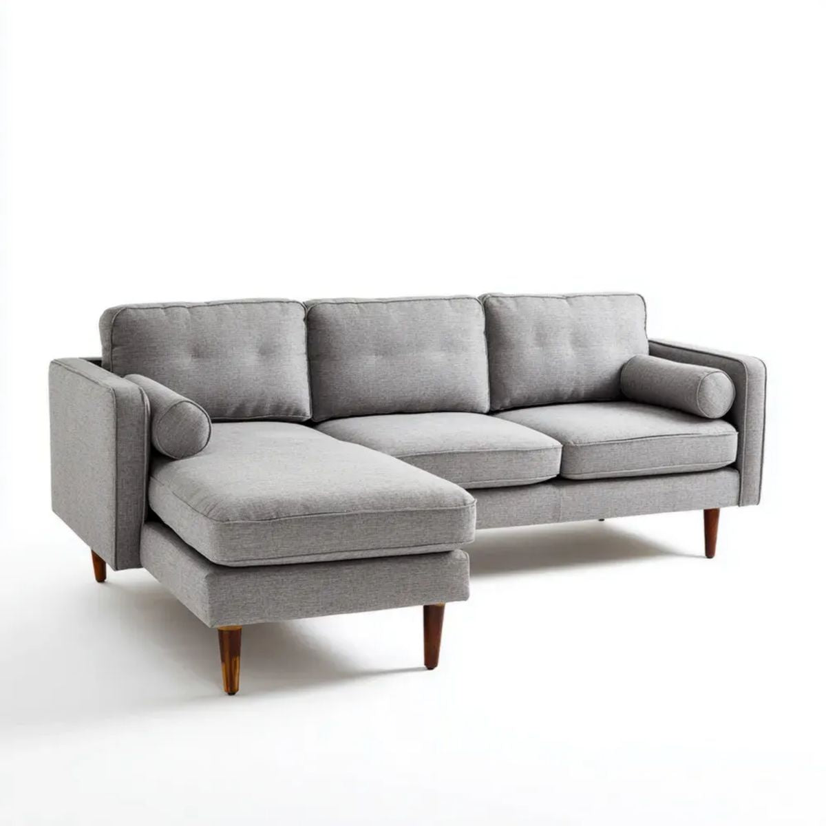 Szara sofa narożna z lewostronnym szezlongiem z tkaniny, 240 × 150 × 85 cm