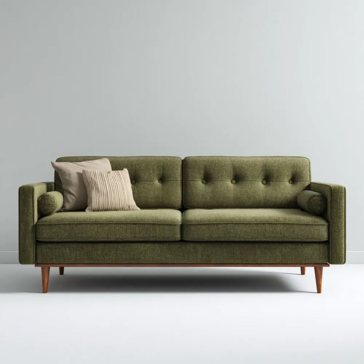 Trzyosobowa sofa oliwkowozielona z tapicerką poliestrową i brązowymi nogami, 200 × 85 × 85 cm