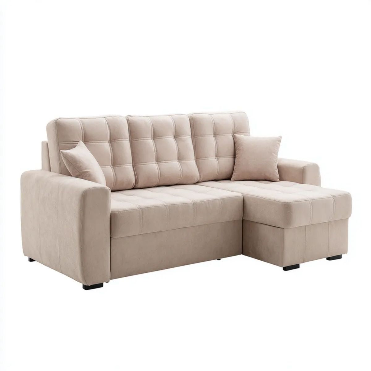 Beżowa welurowa sofa narożna w kształcie L z prawostronnym szezlongiem 220 x 145 x 90 cm