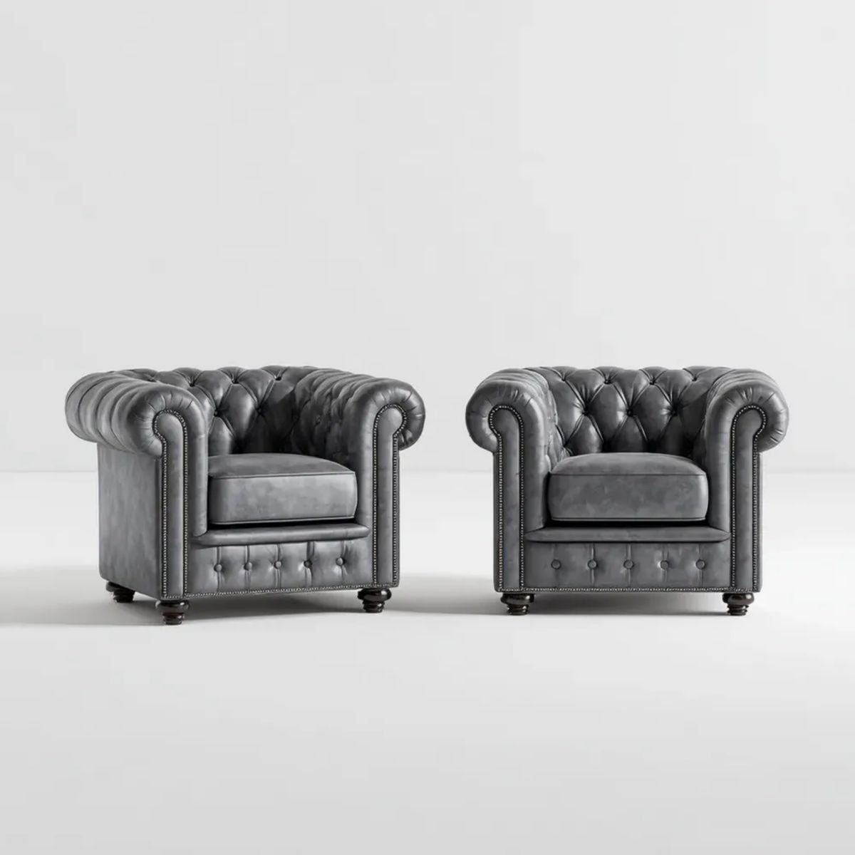 Zestaw 2 grafitowych foteli Chesterfield tapicerowanych PU, 110 × 90 × 75 cm
